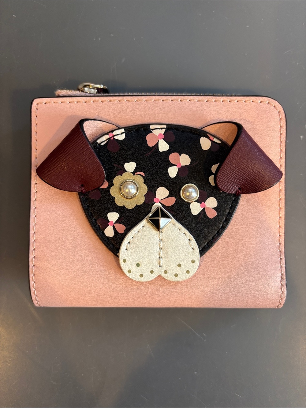 Kate Spade New York Floral Pup Compact L-Zip Bifold Wallet NWOT